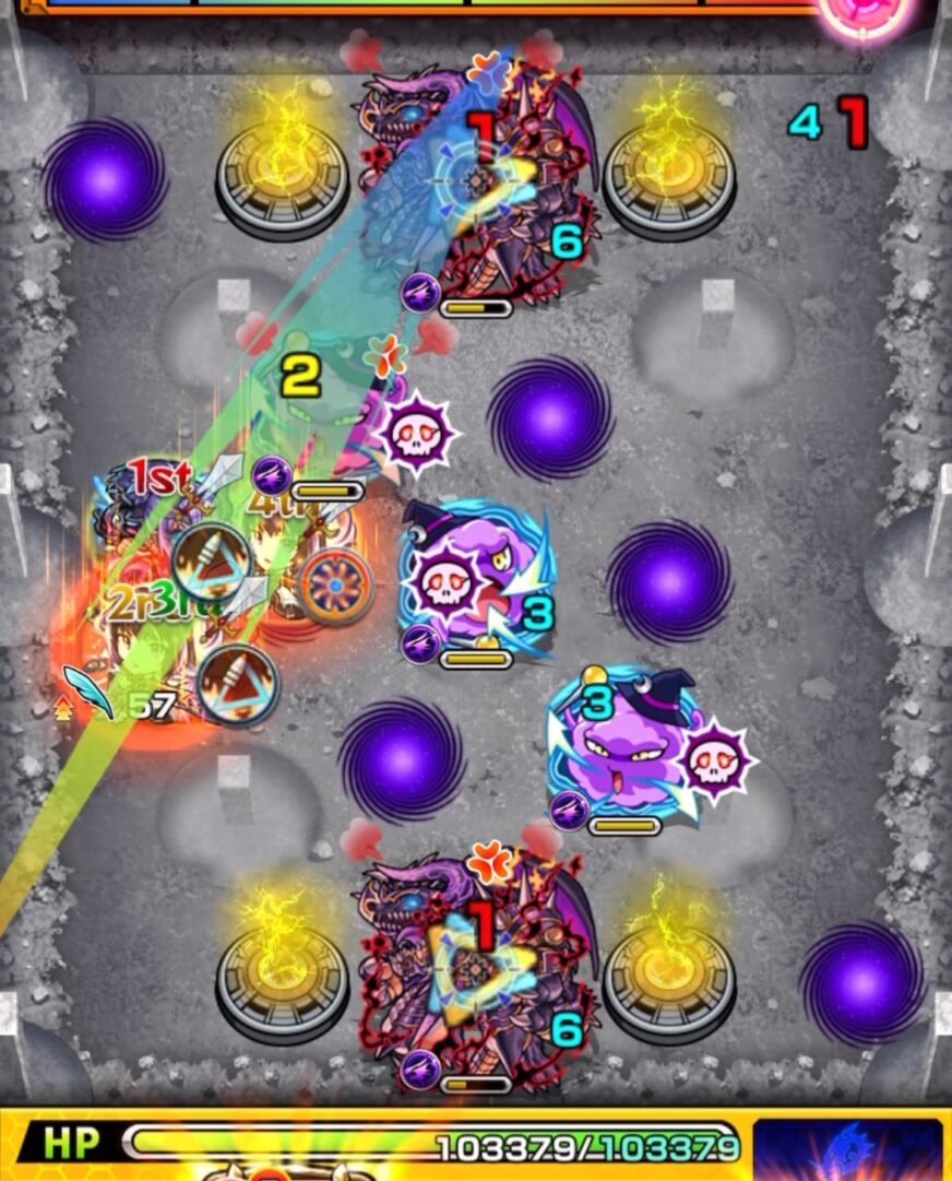 超究極ノーウェアのステージ3で、味方に触れて上のバハムートを経由し、下のバハムートの弱点を攻撃して2体同時に処理する場面