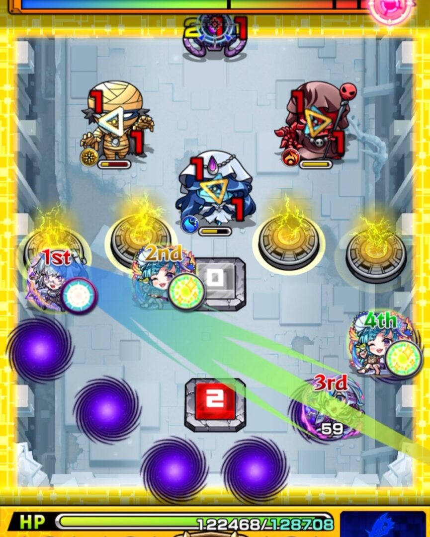 ステージ1の3手目、ラファエルαのコピー友情といろはの友情でゾンビ3体を同時処理して突破した場面。