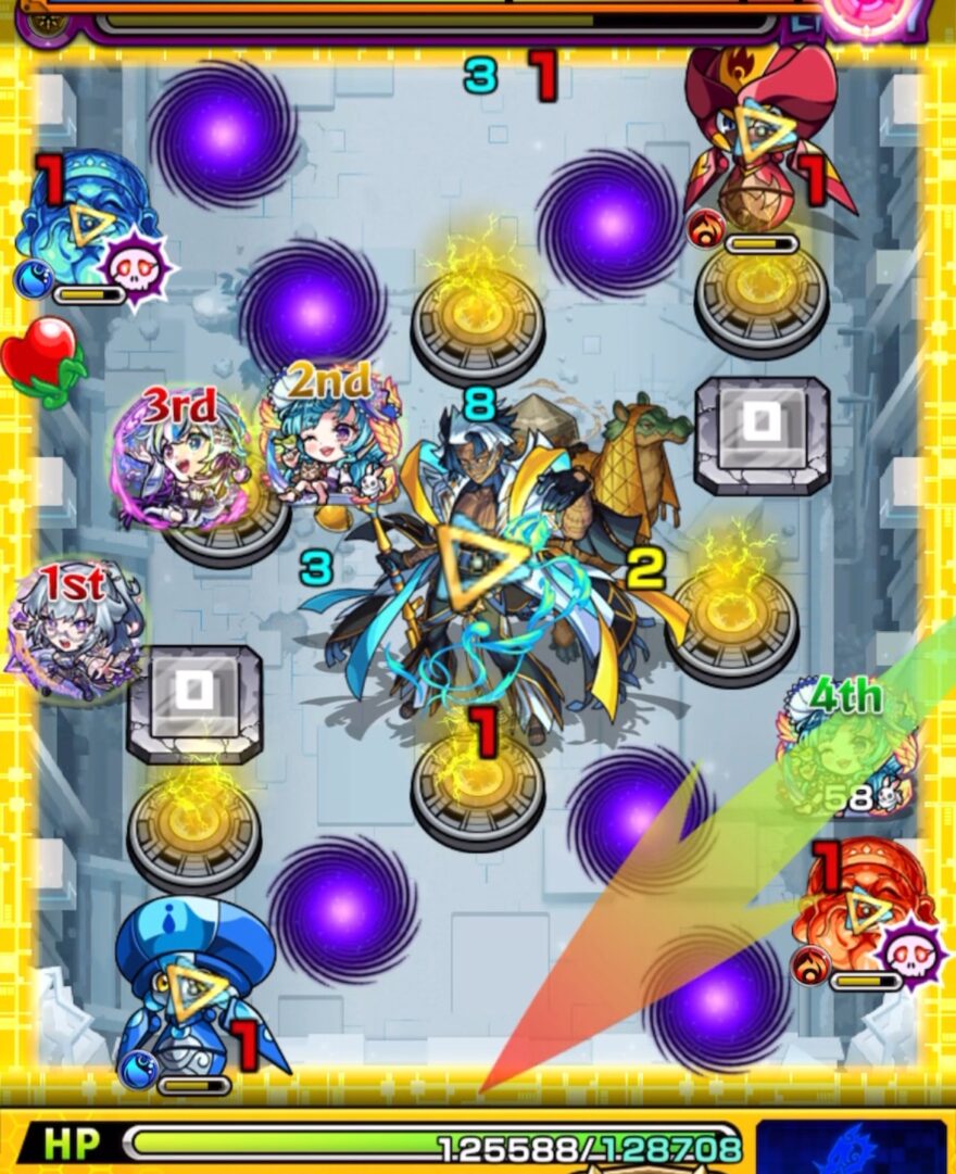 ステージ2の1手目。友情でハンシャインと中ボスを攻撃するも、水属性ハンシャインが透過し、全体が感染ウイルス状態になった場面。