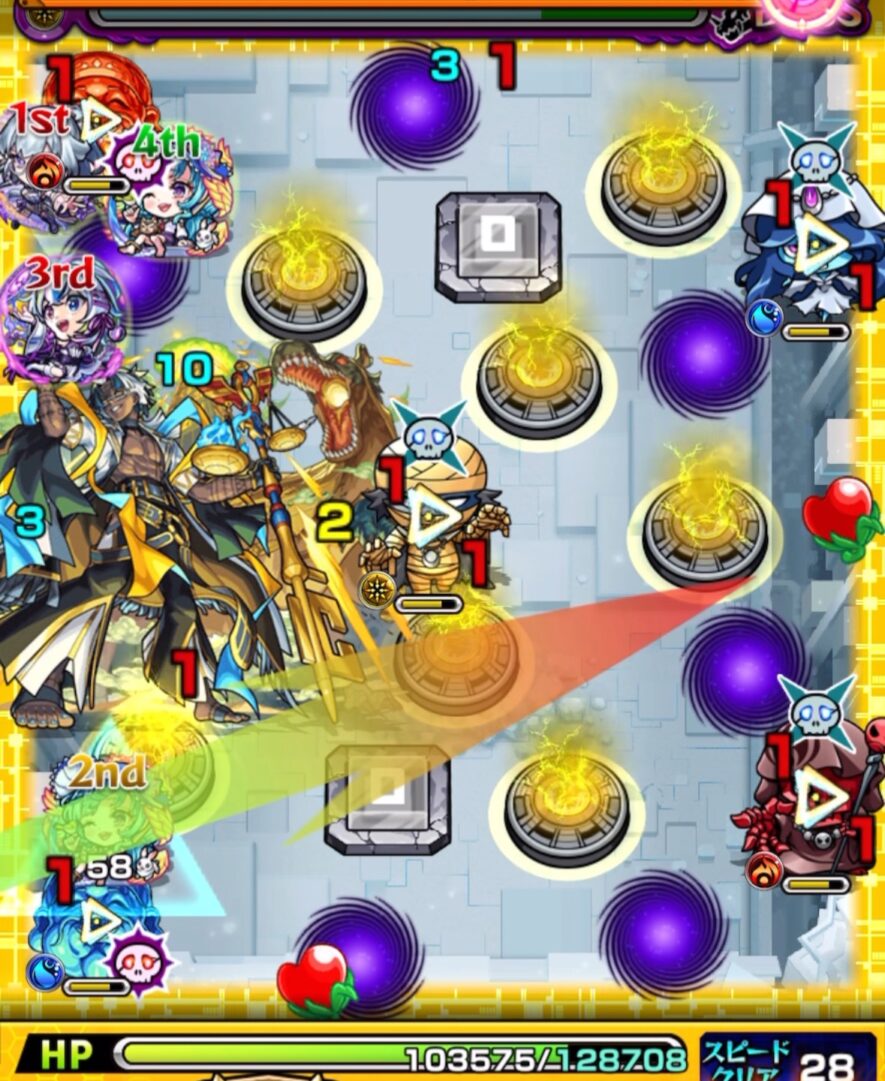 ボスステージ1の1手目。相互蘇生するゾンビに対し、ラファエルαが次手のために位置調整した場面。