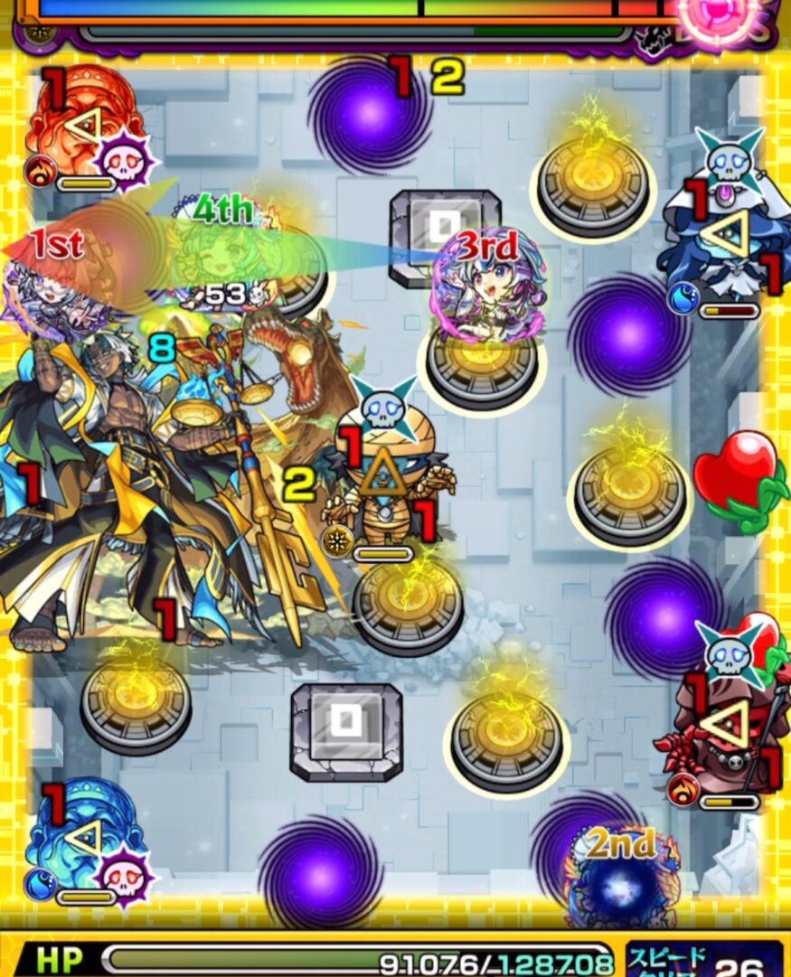 ボスステージ1の2手目。いろはに触れて友情でボスとゾンビにダメージを与えた場面。