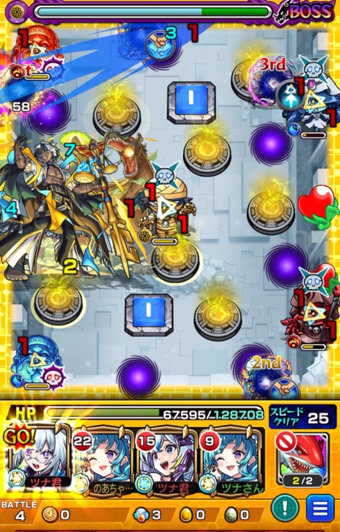 ボスステージ1の3手目。いろはのSSで感染ウィルスを解除し、バフをかけてゾンビを同時処理した場面。