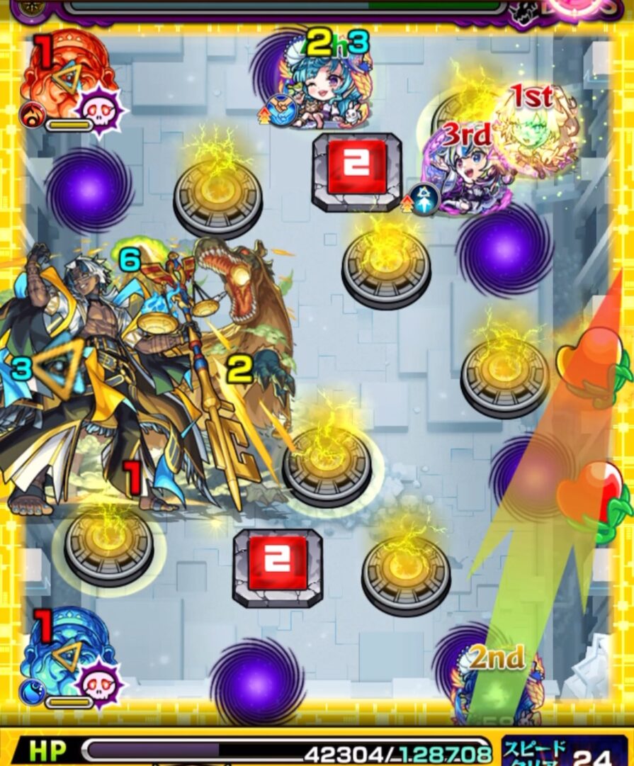 ボスステージ1の4手目。ラファエルαが友情を誘発して感染ウィルスを解除し、ボスにダメージを与えた場面。