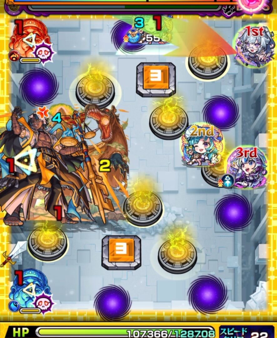 ボスステージ1の6手目。いろはの友情でボスにダメージを与えるが、ターン終了後に感染ウィルスを受ける場面。