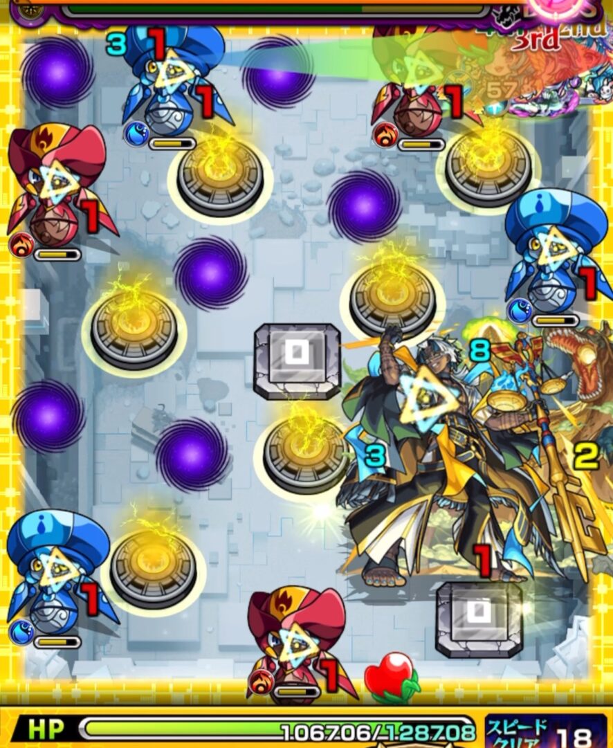 ボスステージ2の初手。友情攻撃でハンシャイン6体を処理し、レーザー事故を防いだ場面。