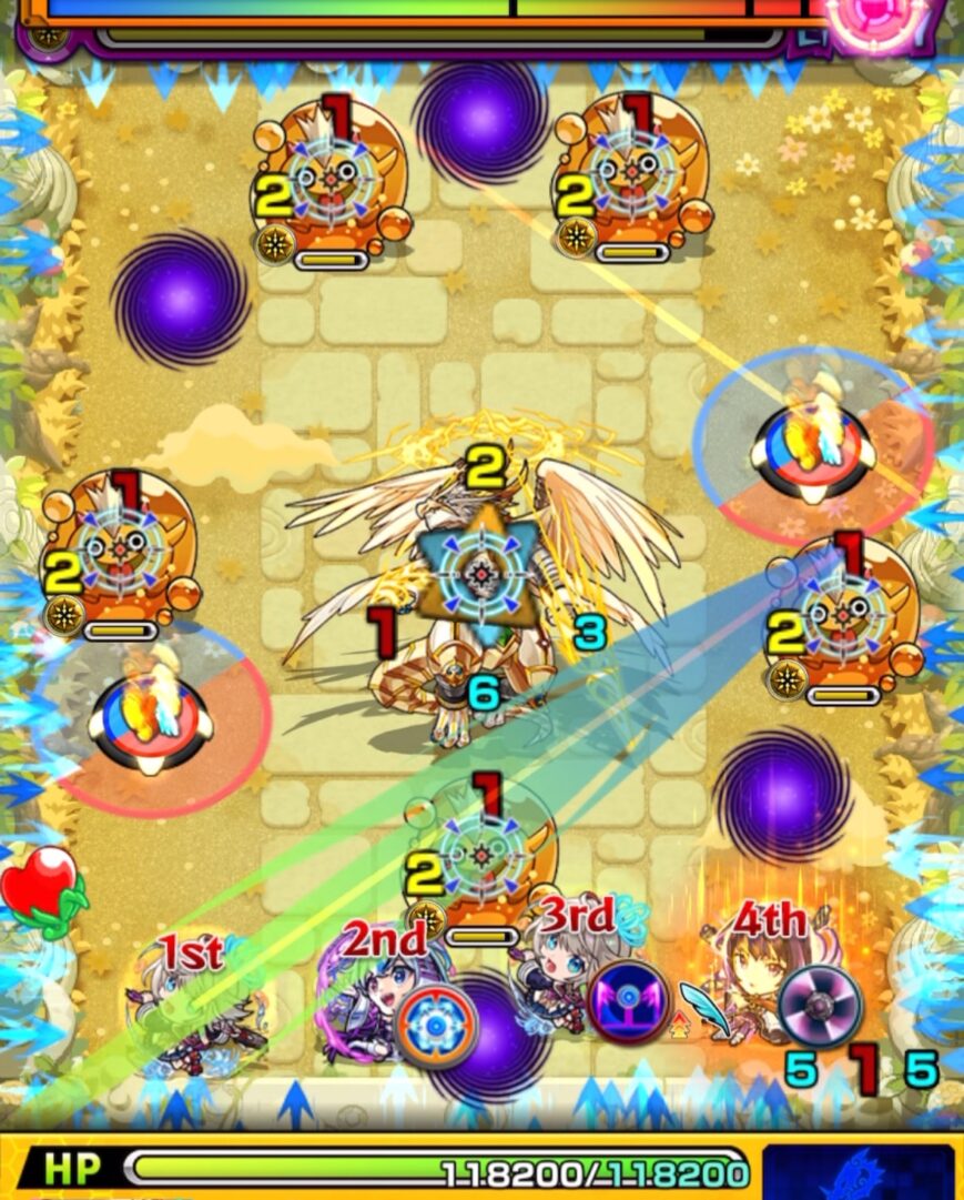 天魔の孤城 空中庭園 第6の園 ステージ1の1手目。回転パネルを赤で踏んで加速し、ぷよリンを5体処理しながら友情でテュポーンにダメージを与える場面