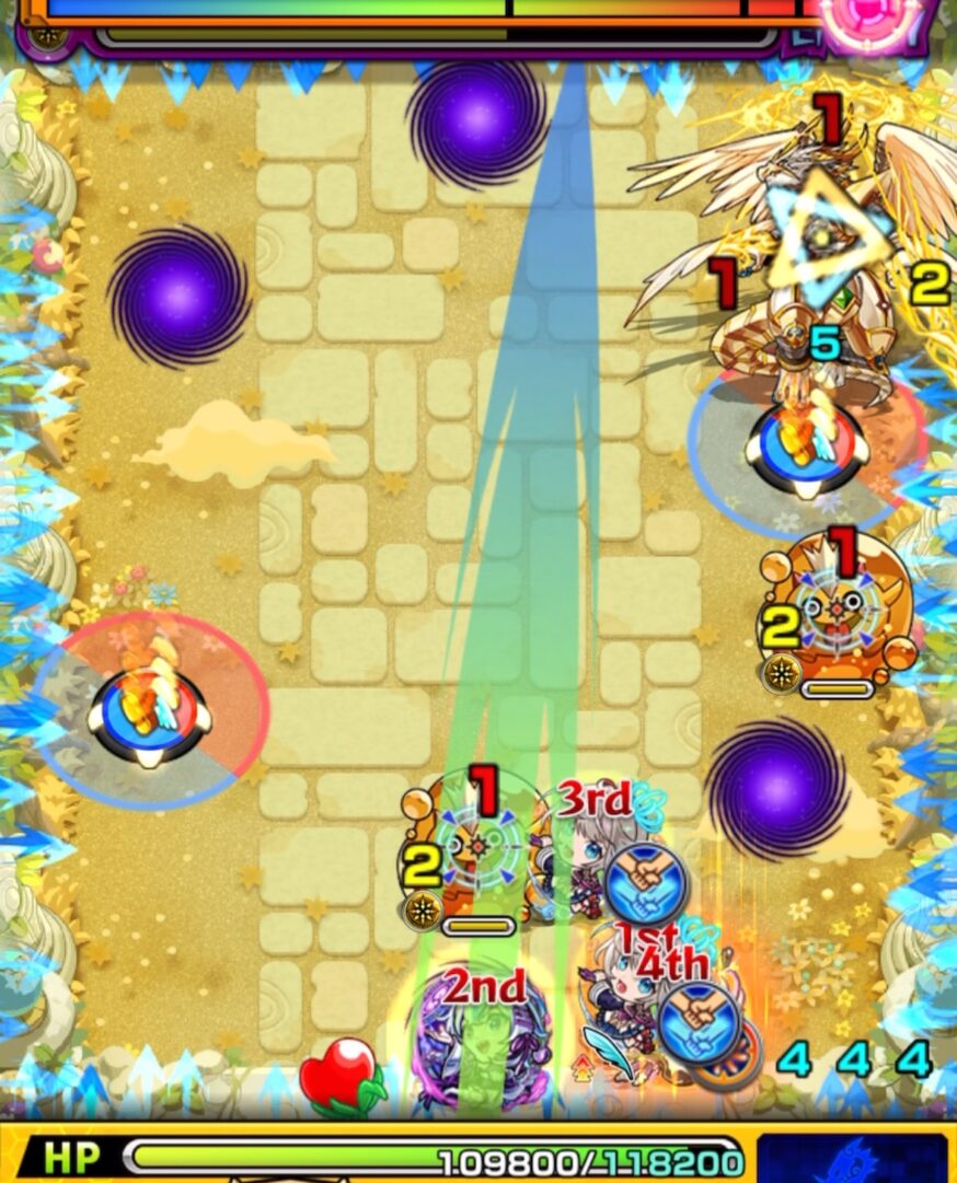 天魔の孤城 空中庭園 第6の園 ステージ1の2手目。ぷよリンを経由して回転パネルを青で踏み減速し、低スピード状態からテュポーンに大ダメージを与える場面