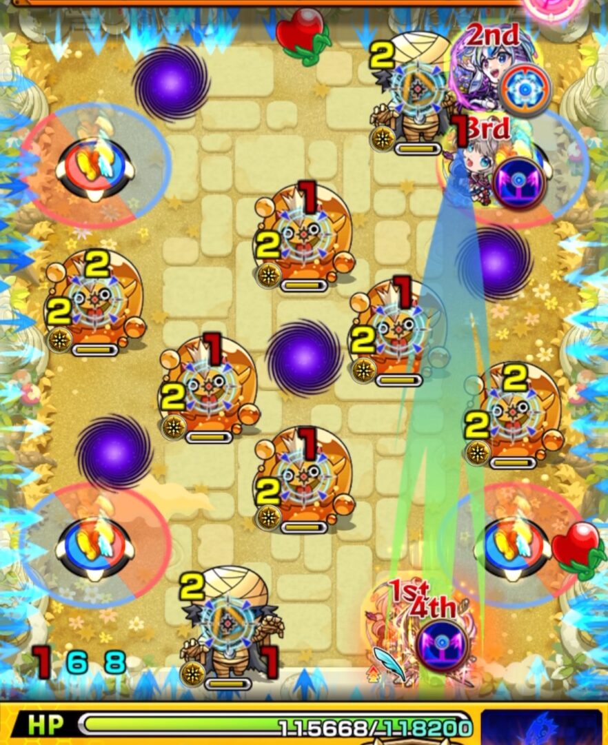 天魔の孤城 空中庭園 第6の園 ステージ2の1手目。リンネで三途に触れてコピー友情を発動し、盤古の友情と合わせてゾンビ2体とぷよリン2体を同時処理する場面