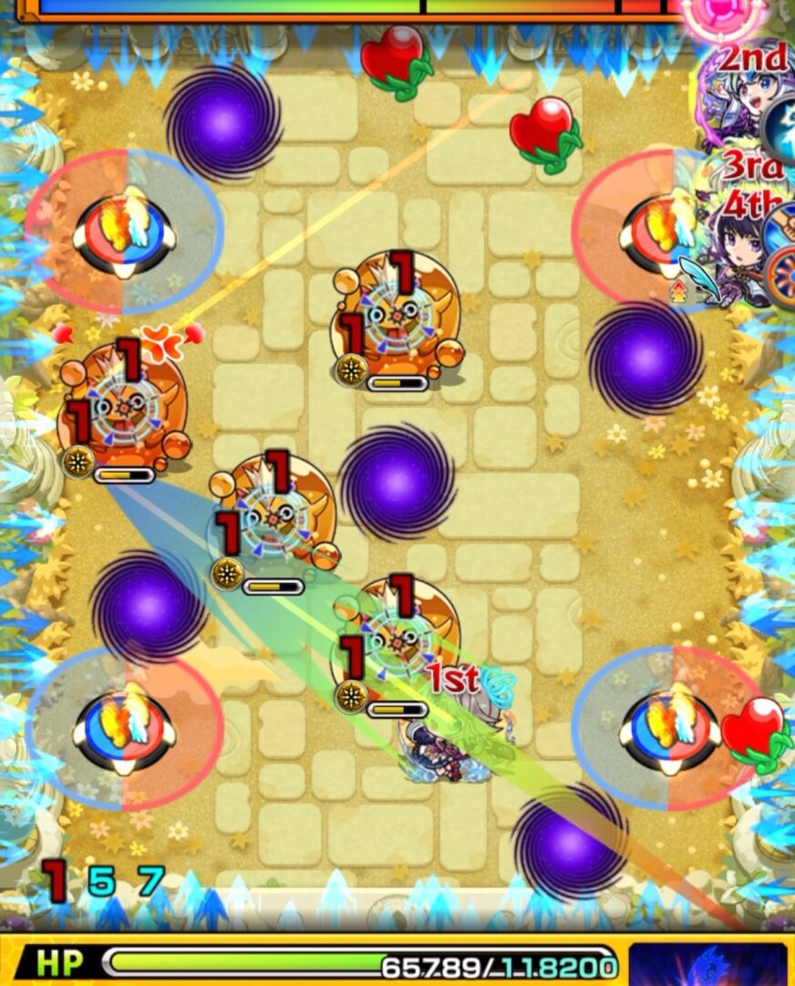 天魔の孤城 空中庭園 第6の園 ステージ2の2手目。1P三途で残ったぷよリン4体を処理し、被ダメージを抑えながらステージ2を突破する場面