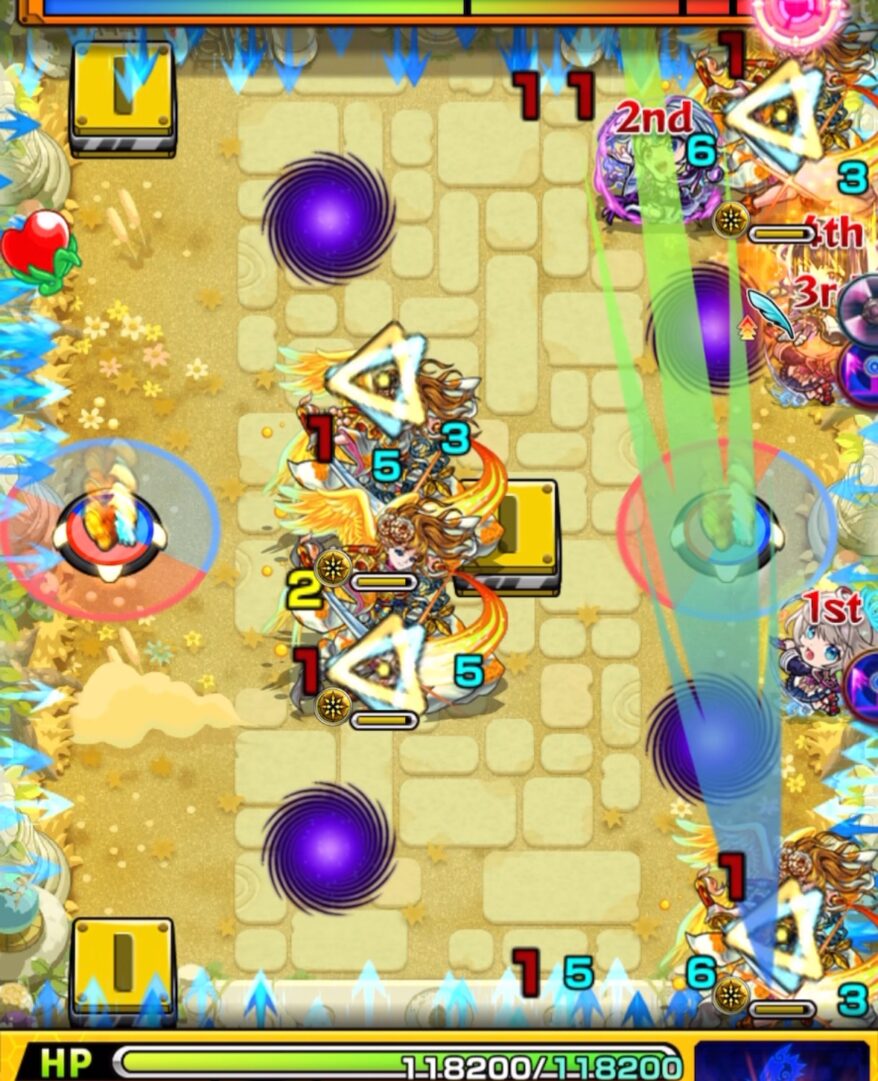 天魔の孤城 空中庭園 第6の園 ステージ3の1手目。盤古でリンネと三途2体の友情に触れてコピー友情を発動し、ハトホル4体を同時処理する場面