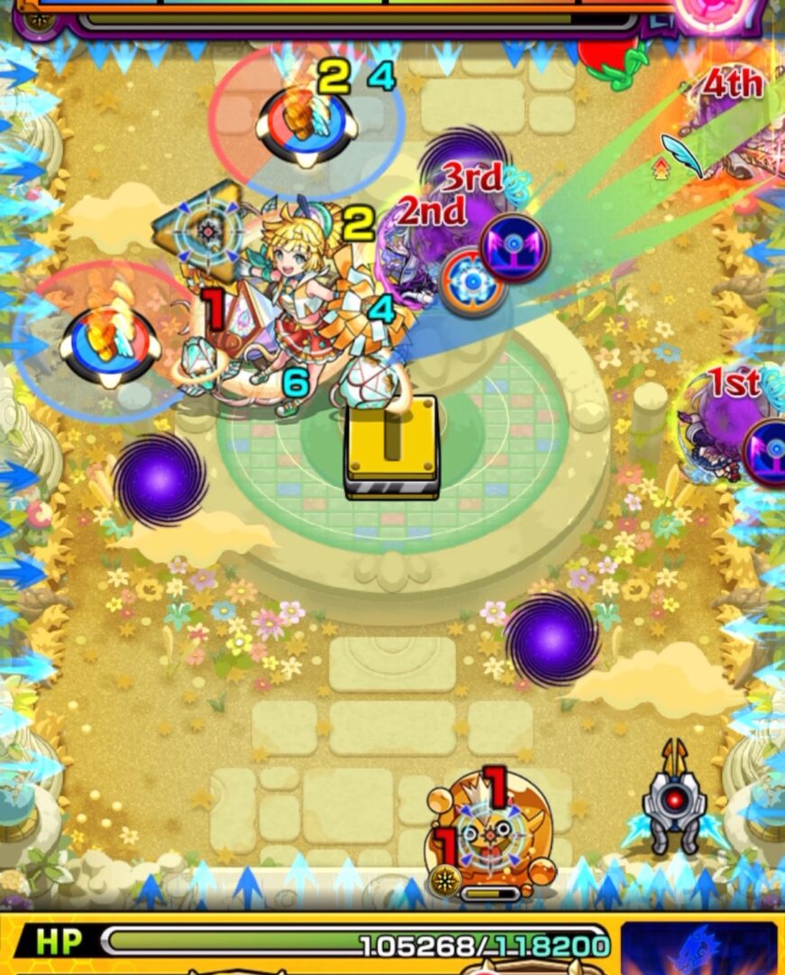 天魔の孤城 空中庭園 第6の園 ステージ4の2手目。エナジーコンテナに触れて中ボスの弱点を攻撃し、ダメージを与える場面