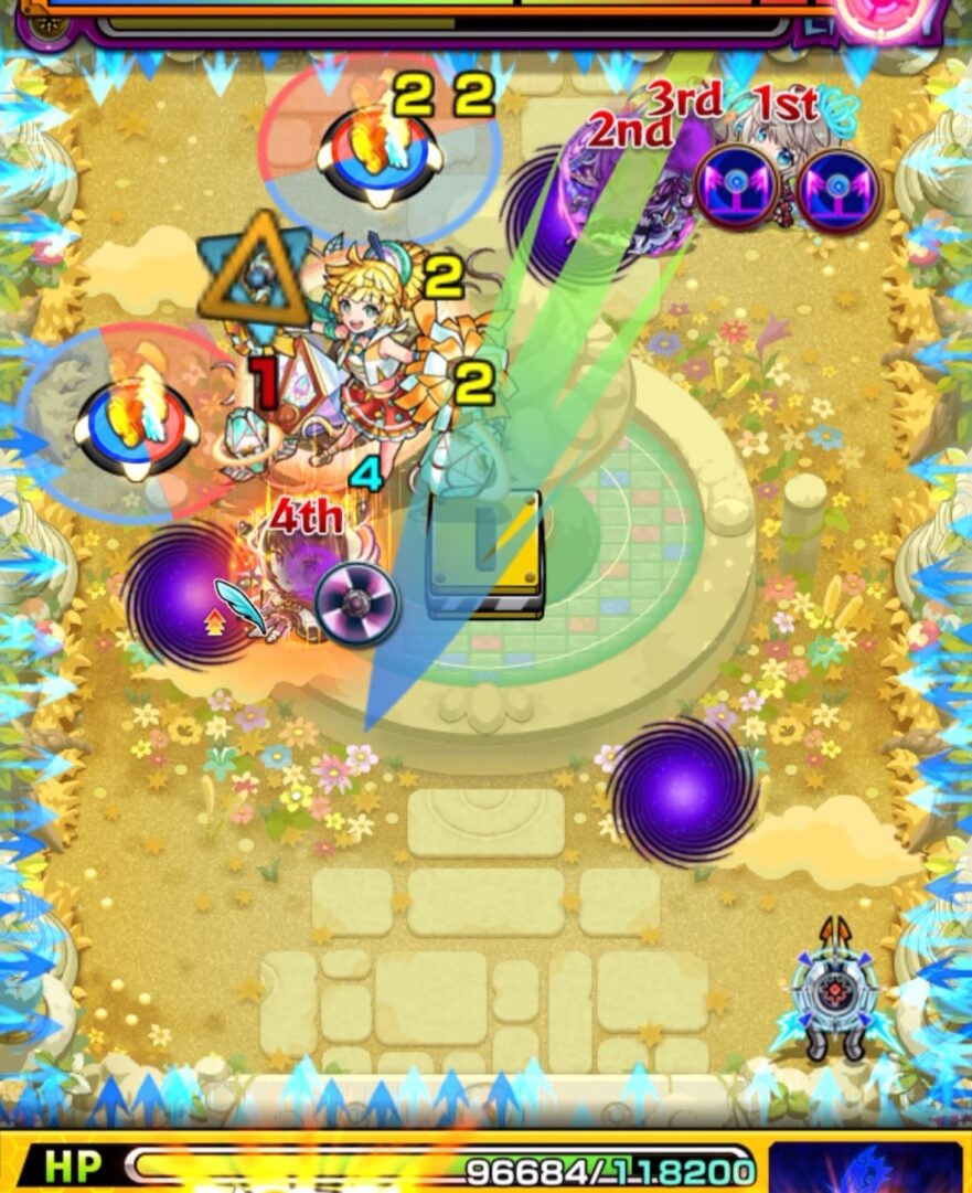 天魔の孤城 空中庭園 第6の園 ステージ4の4手目。盤古でエナジーコンテナに触れ、回転パネルを青で踏んで減速し、中ボスの弱点を経由して大ダメージを与え撃破する場面