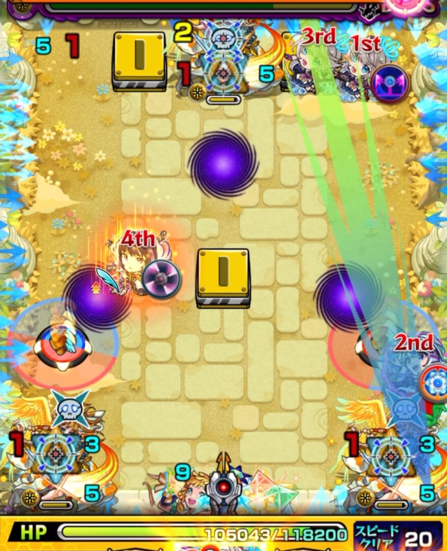 天魔の孤城 空中庭園 第6の園 ボス1の1手目。3P三途で盤古とリンネの友情に触れてムラサメ3体を処理し、クロスドクロ発動でボスが下中央に出現する場面