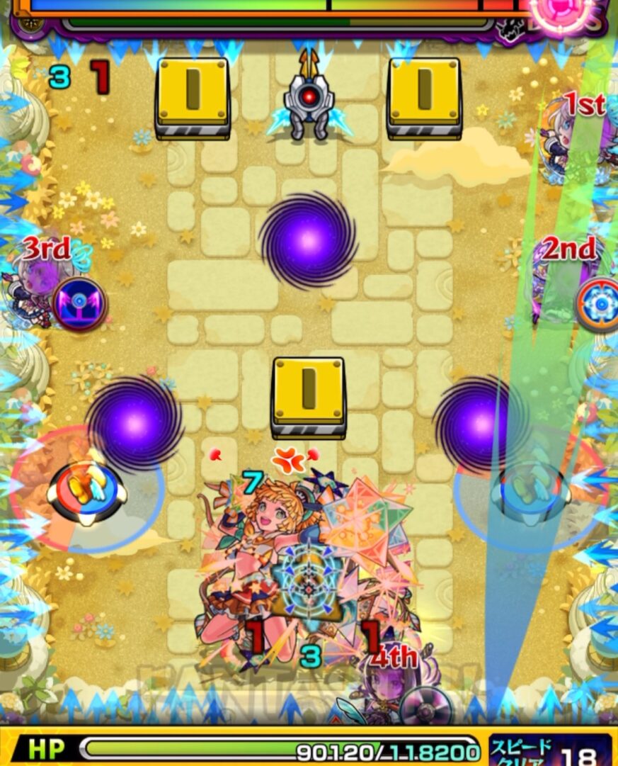 天魔の孤城 空中庭園 第6の園 ボス1の3手目。1P三途で回転パネルを赤で踏んで加速し、エナジーコンテナを回収してボスを攻撃するも、加速状態のためダメージが伸びなかった場面