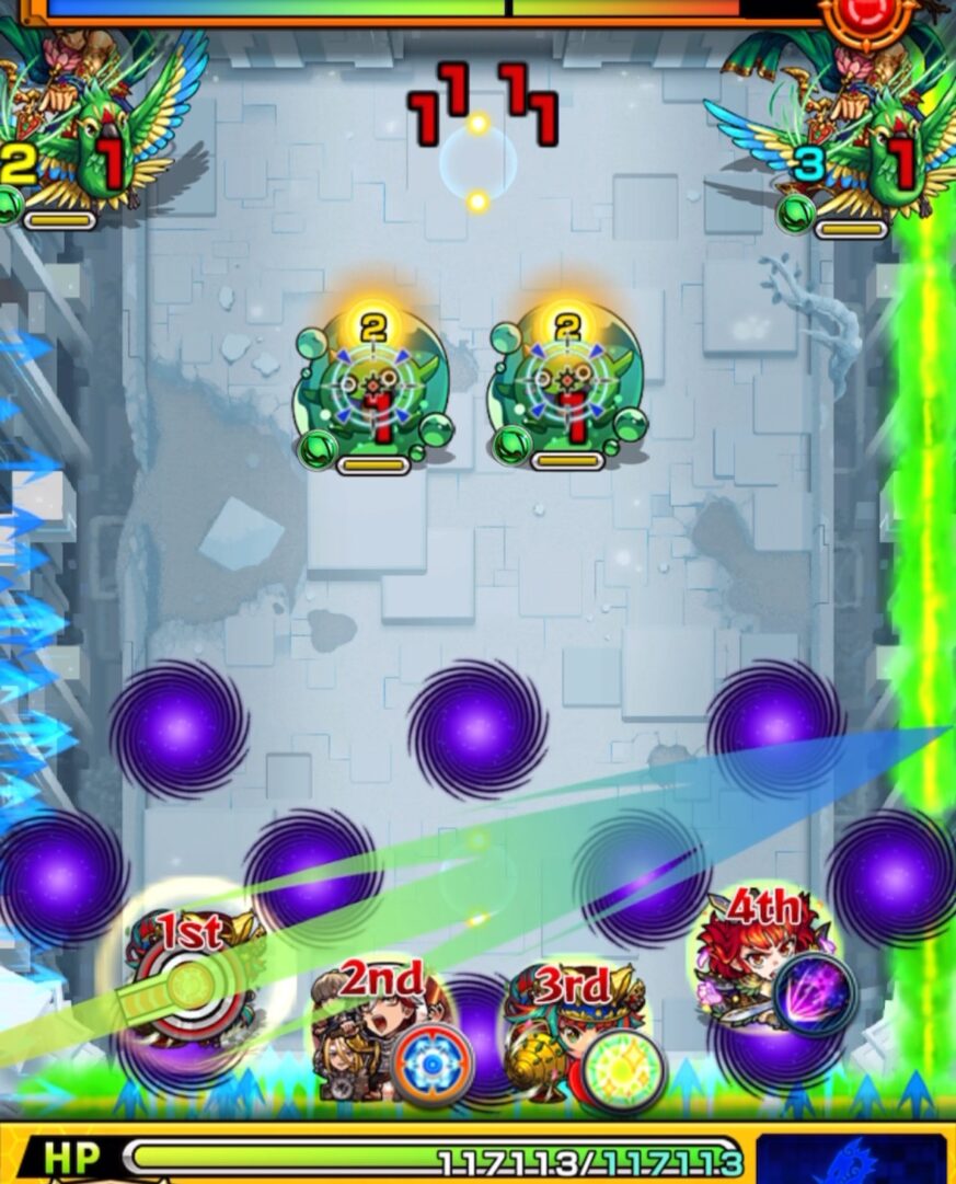 ステージ1初手の配置。右壁付近を狙って弾き、ぷよリン透過後に壁バウンドキャノンで右上のカーマを処理している場面。