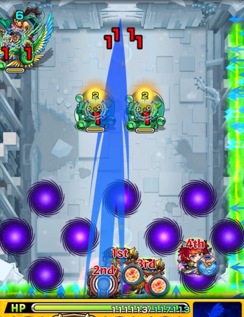 ステージ1の2手目。縦方向に弾いてぷよリンを透過させ、壁バウンドキャノンで左側のカーマを処理してステージを突破している場面。