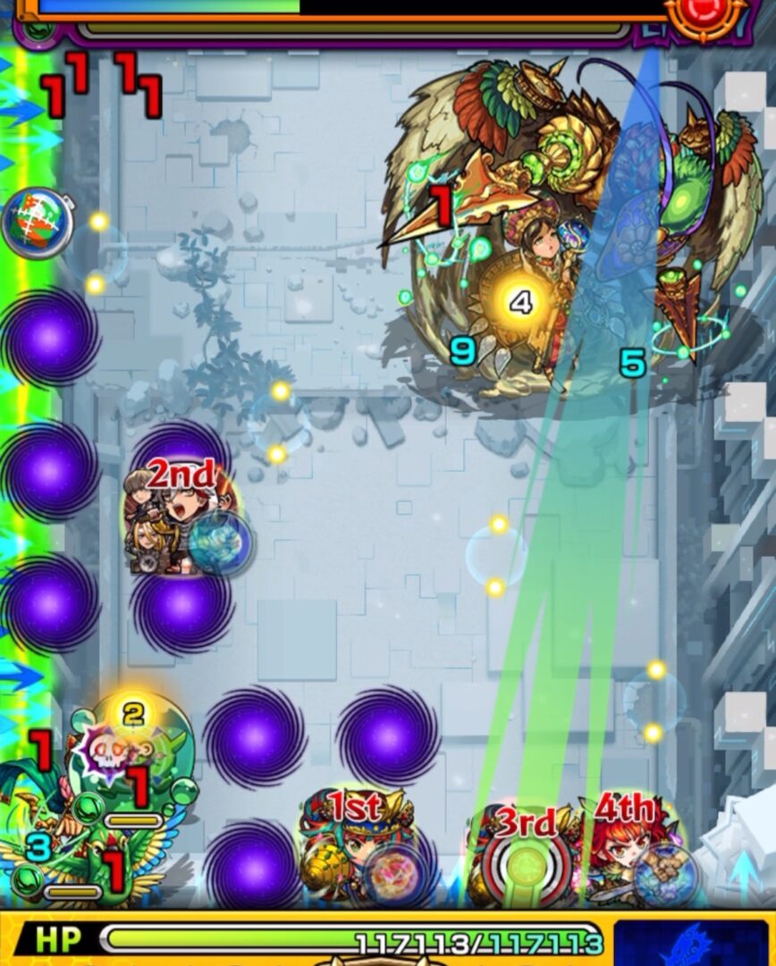 ステージ2の2手目。中ボスとぷよリンにフォトンを付与して透過させ、壁バウンドキャノンでカーマを撃破し、クロスドクロでシャンバラの手が出現した場面。