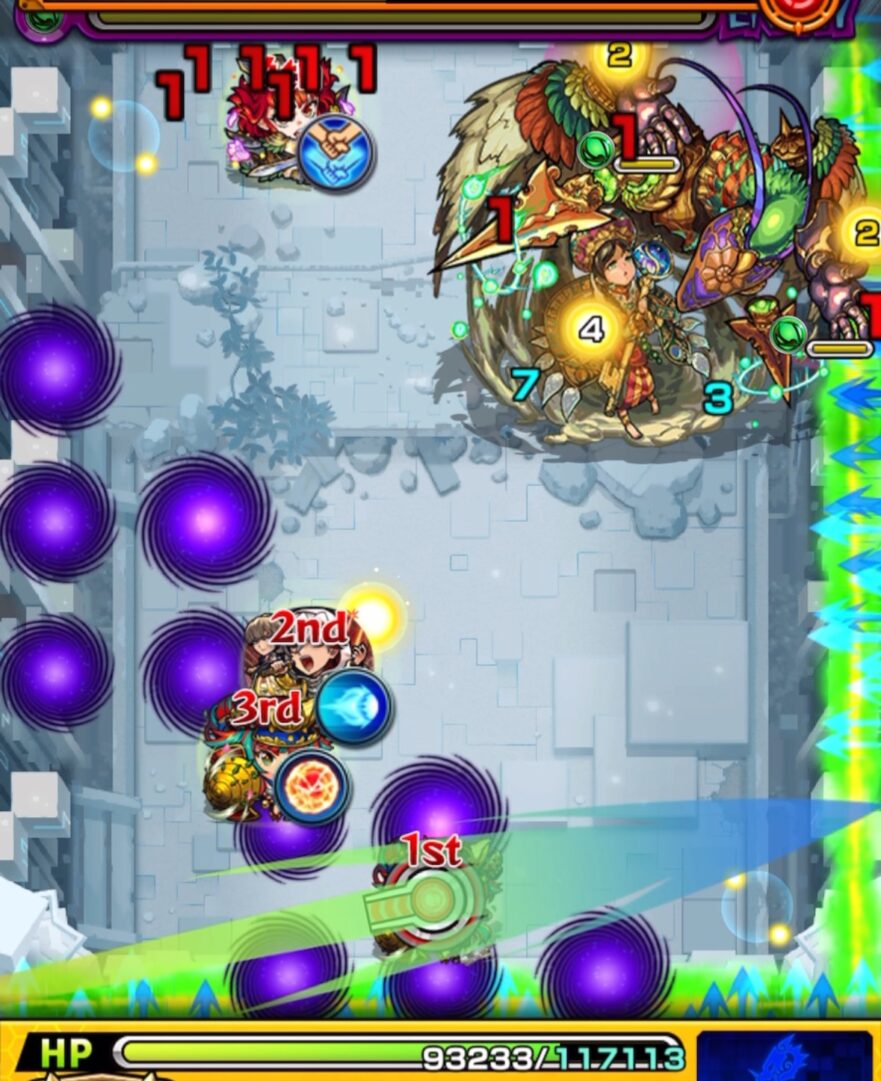 ステージ2の3手目。中ボス透過を狙って大フォトン回収を試みるが取得できず、防御ダウンした手を活かせずに火力不足となった場面。