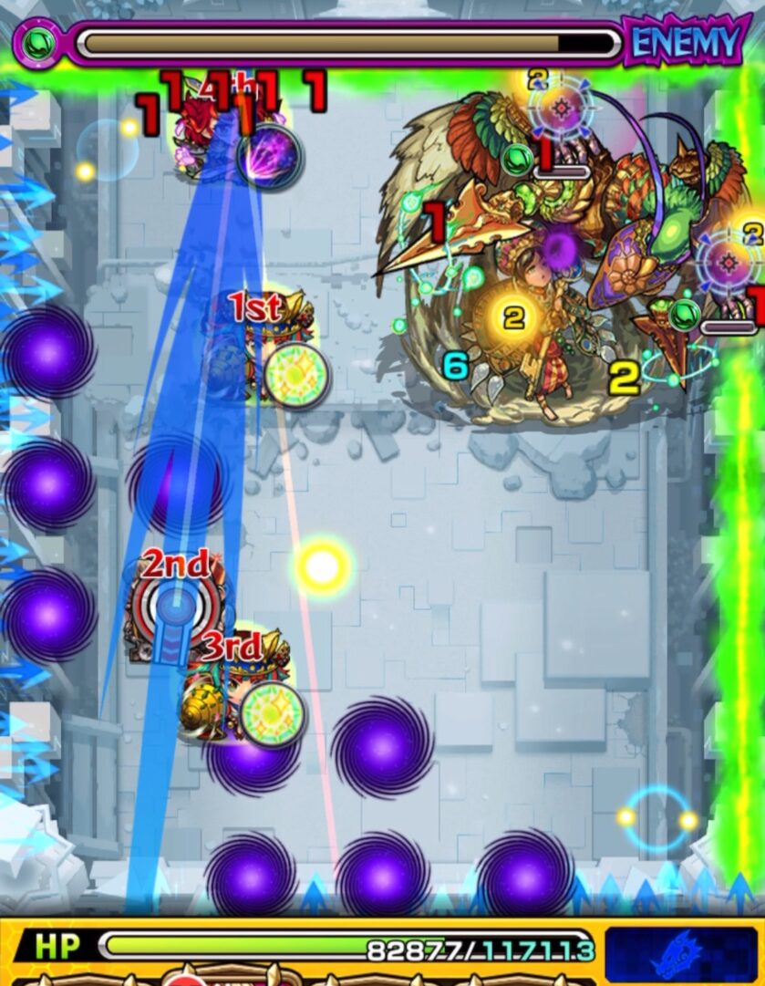 ステージ2の4手目。中ボスと手にフォトンを付与するが、壁バウンドキャノンの角度が浅く手に届かず、火力を出し切れなかった場面。