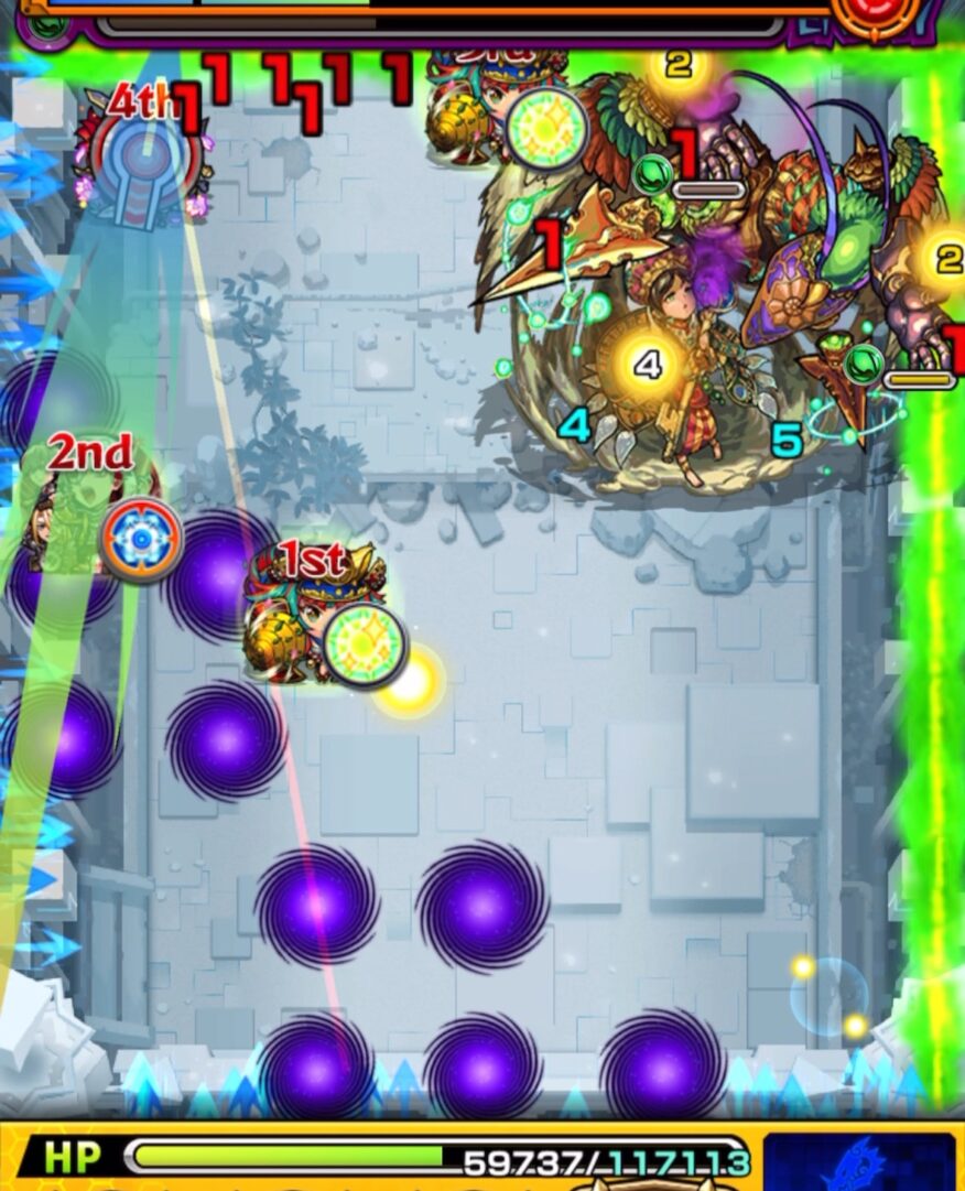 ステージ2の6手目。中ボスは透過できたが、シャンバラの手を防御ダウンできず、壁バウンドキャノンのダメージがほとんど通らなかった場面。