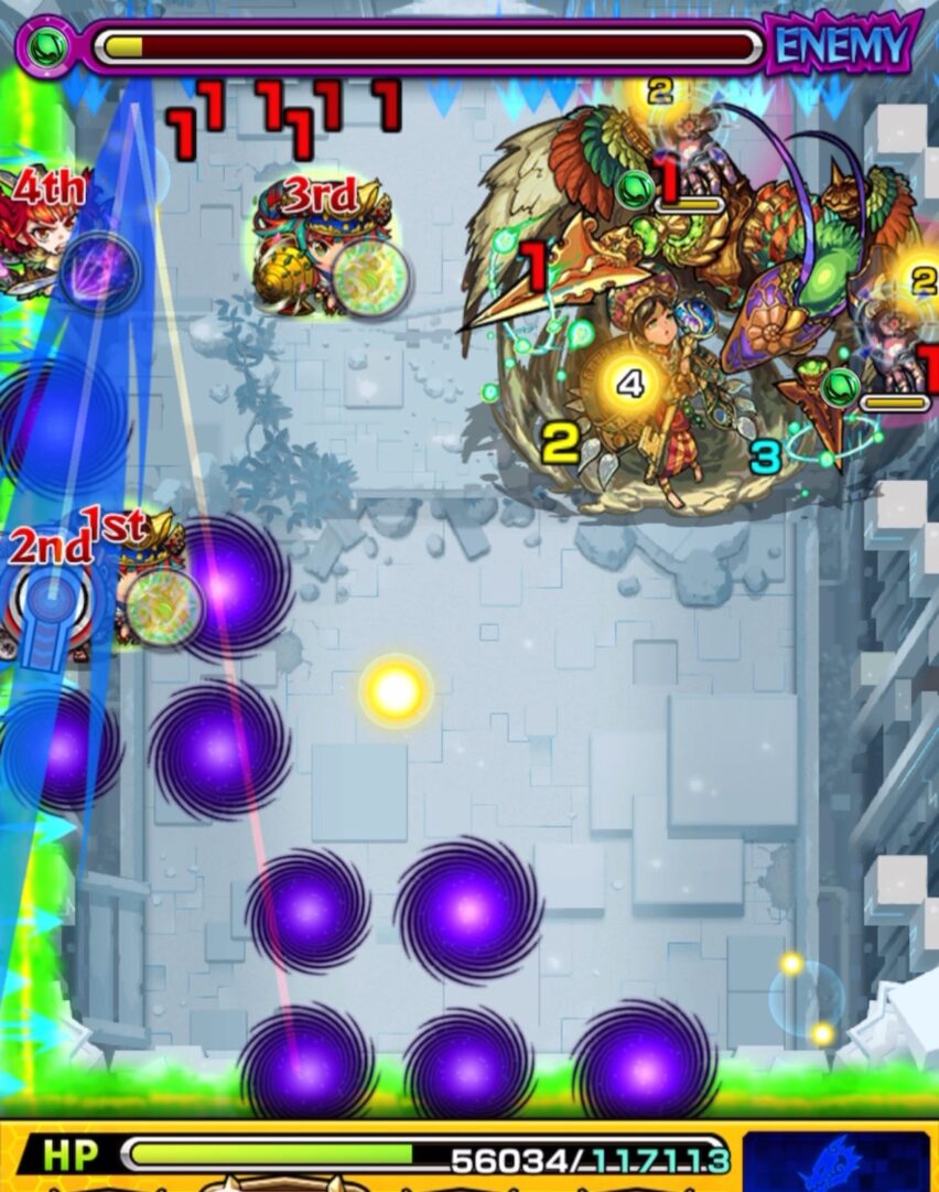 ステージ2の8手目。左側の手を防御ダウンさせ、壁バウンドキャノンを直撃させて中ボスのHPを削り切った場面。