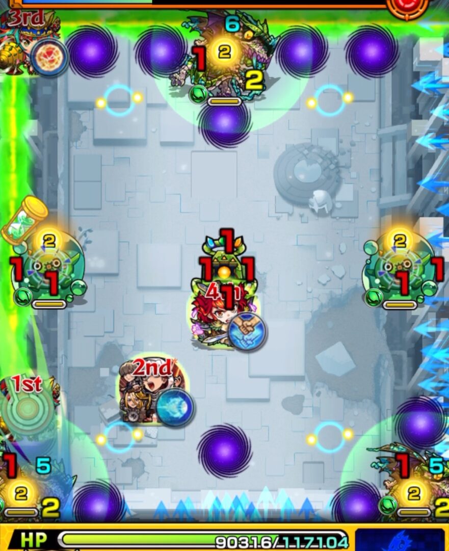 ステージ3の初手。相互蘇生するバジリスク3体が配置され、島津豊久は壁バウンドキャノンのルートを取れない位置にいる場面。