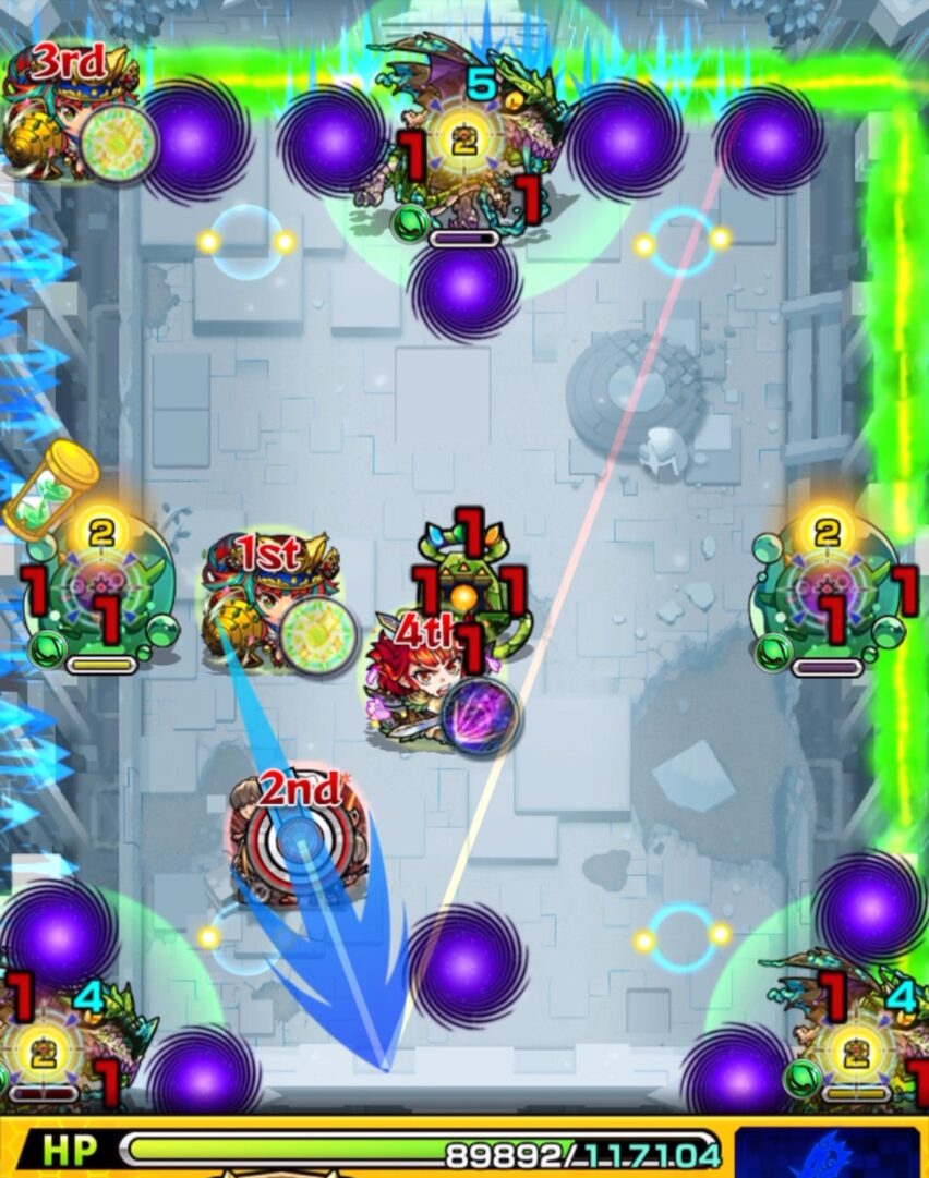 ステージ3の2手目。カルマロックスターがぷよリンにフォトンを付与して透過させ、壁バウンドキャノンをビットンに当ててバジリスク3体を同時処理する場面。