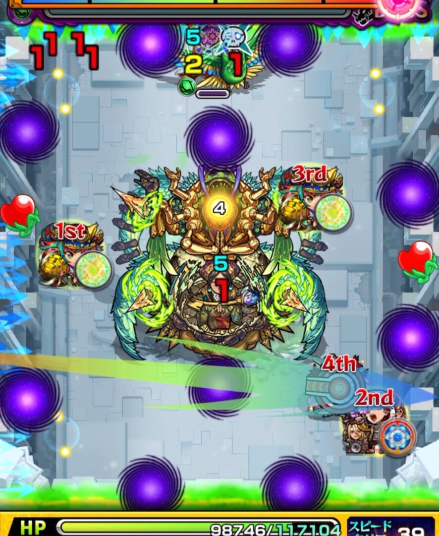 ボス1の2手目。横軸に薄く弾いてボスへフォトンを4個付与し透過させるが、角度が浅く壁バウンドキャノンが上のカーマに届かず処理に失敗した場面。