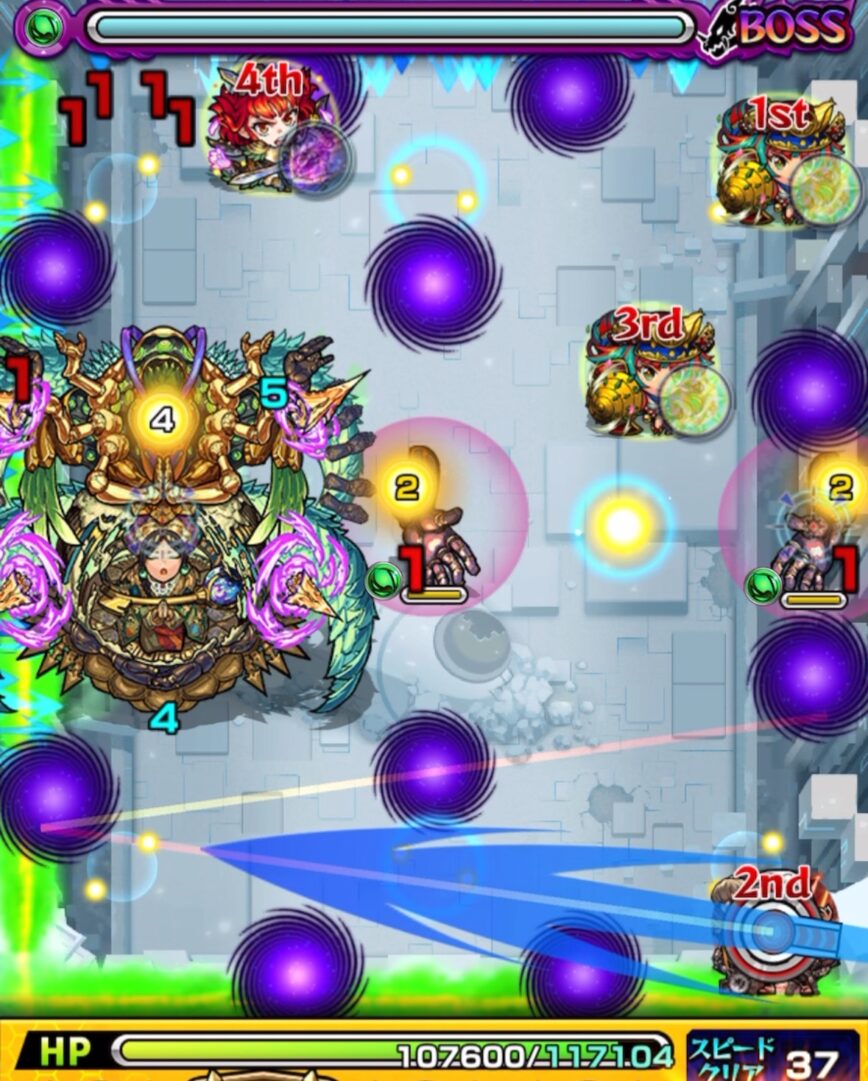 ボス1の4手目。ボスにフォトンを4個付与して透過させ、大フォトンで右側の手を防御ダウン。壁バウンドキャノンが右手に命中し、大ダメージを与えた場面。