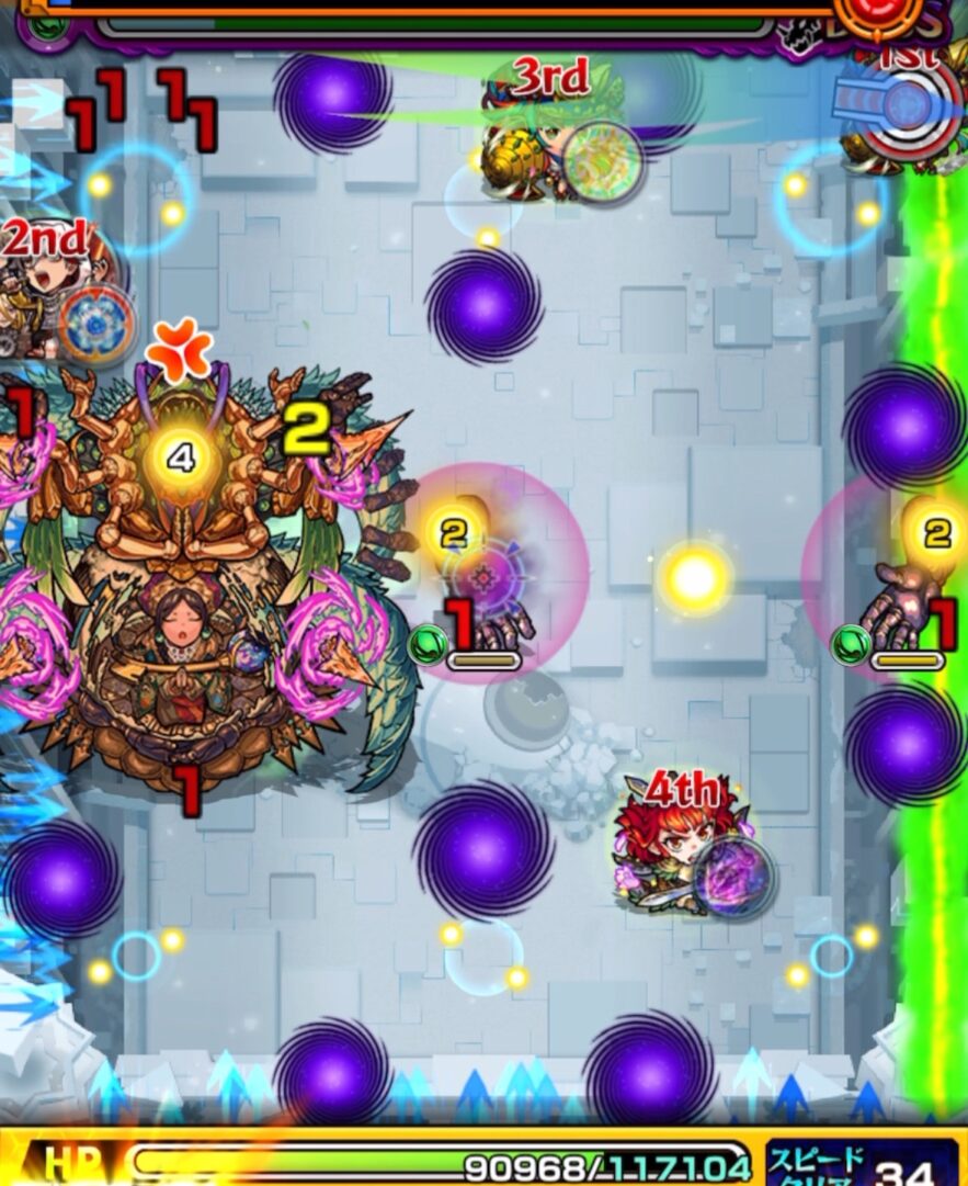 ボス1の7手目。ボスをフォトン4個で透過し、手を防御ダウンさせた状態で壁バウンドキャノンを当て、左側の手のHPを削り切って突破した場面。