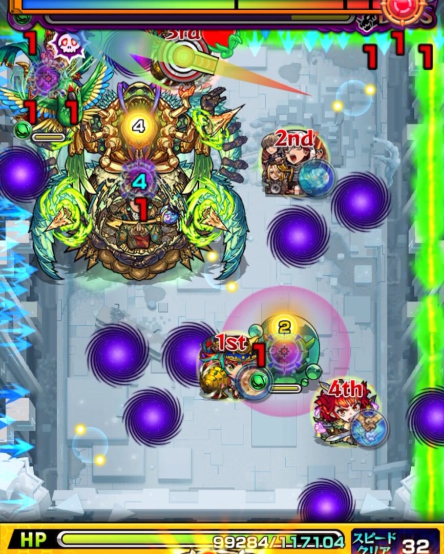 ボス2の2手目。左壁反射でボスとぷよリンにフォトン付与を狙うが、角度不足でフォトンが2個しか付かず、ボスを透過できなかった場面。