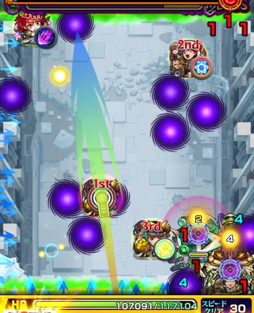 ボス2の4手目。大フォトンでぷよリンを透過させ、壁バウンドキャノンでボスを攻撃したが、反射回数が少なくダメージが伸びなかった場面。