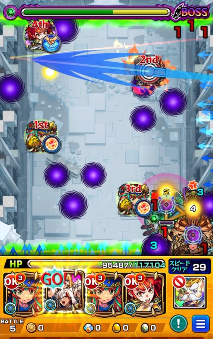 ボス2の5手目。カルマロックスターのSSでぷよリンを透過させ、壁バウンドキャノンがボスに直撃し大ダメージを与えて撃破した場面。