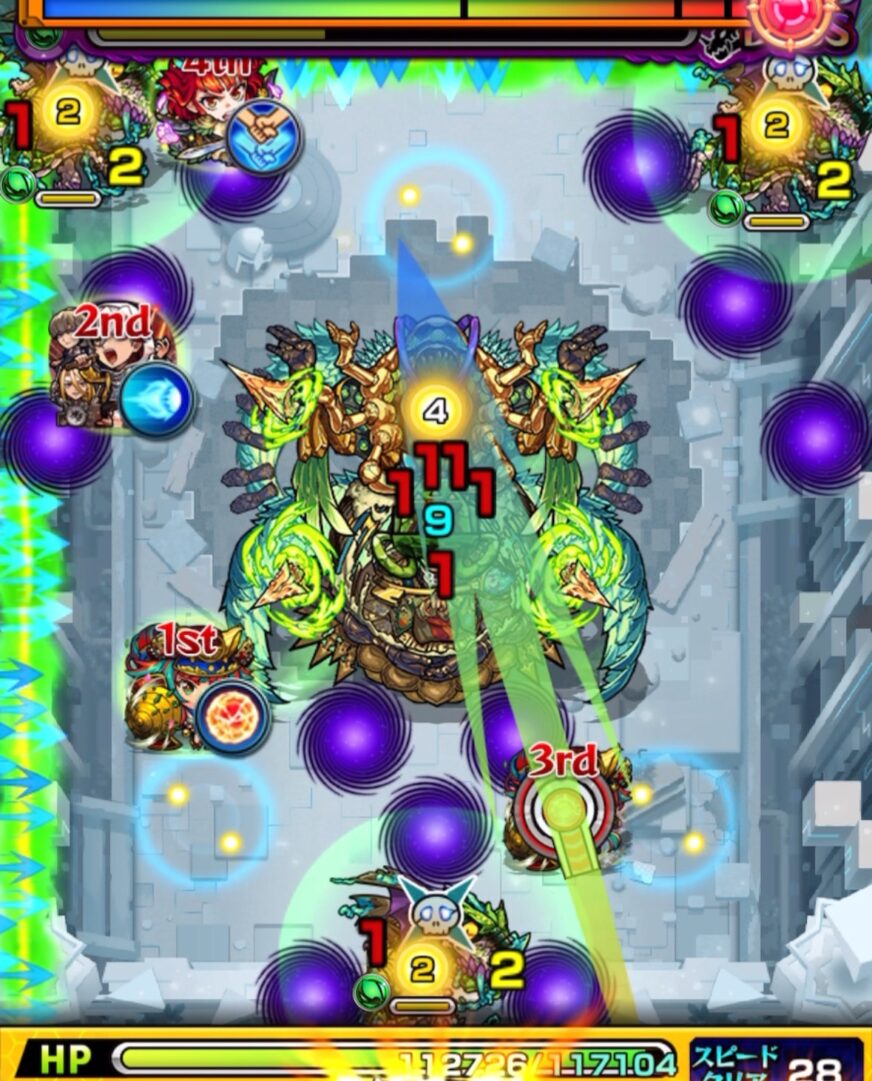 ボス3の1手目。フォトン付与が2個に留まりボスを透過できず、中央ビットンを使ったバジリスク同時処理に失敗した場面。