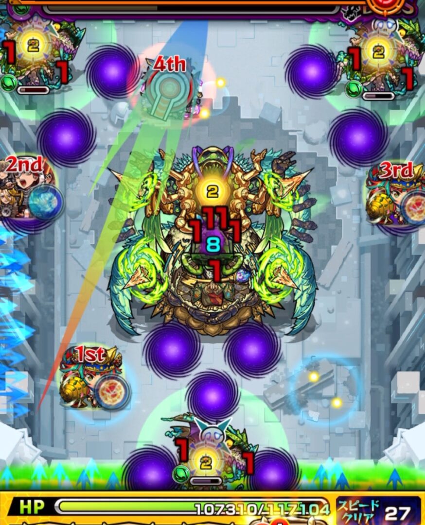 ボス3の2手目。ボスを透過させて壁バウンドキャノンをビットンに当て、直殴りと合わせてバジリスク3体の同時処理に成功した場面。