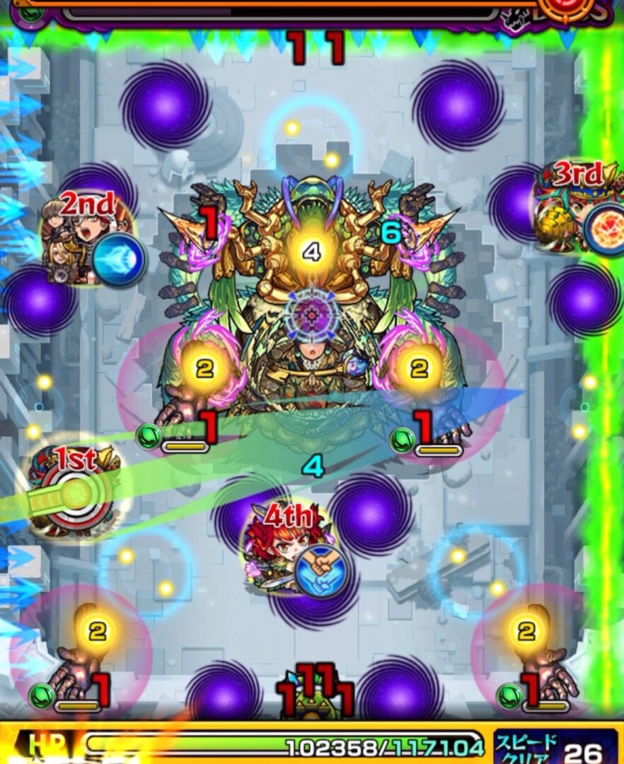 ボス3の3手目。島津豊久が次の手番に備えてボスへフォトンを2個付与し、攻撃準備を整えた場面。