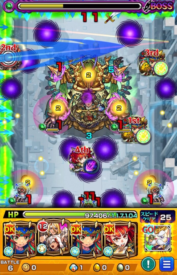 ボス3の4手目。カルマロックスターが守護獣ムシカを使用し、右側の手を防御ダウンさせて壁バウンドキャノンで大ダメージを与えた場面。