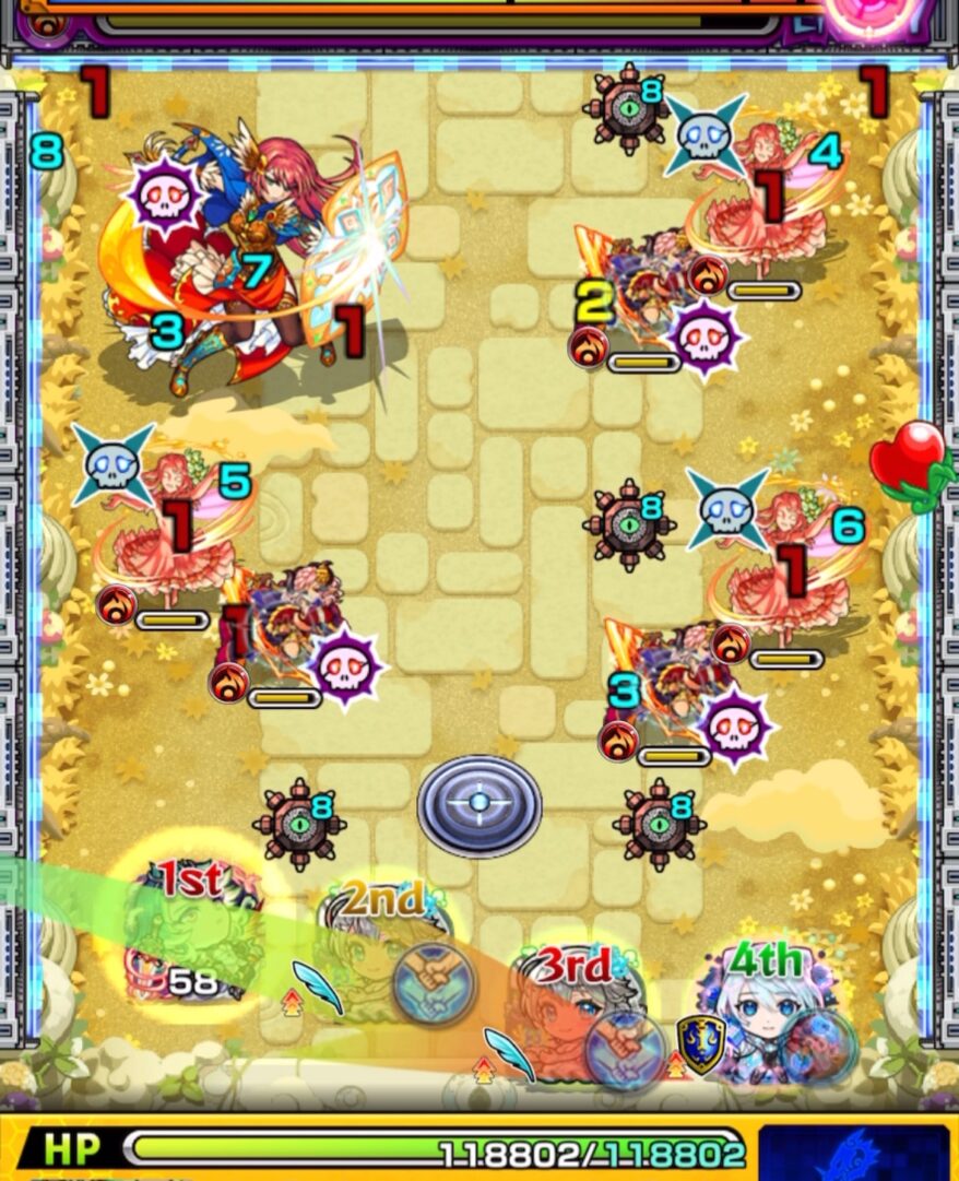 天魔の孤城 空中庭園 第10の園 ステージ1 1手目。味方に触れて友情と直殴りでハトホルを処理し、ドクロ効果でヴィヴィアンと中ボスを防御ダウンさせる立ち回り。