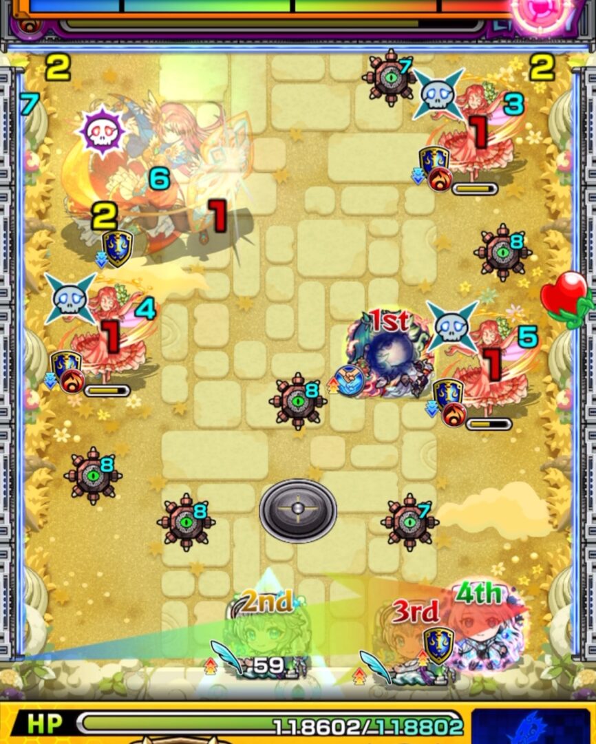 天魔の孤城 空中庭園 第10の園 ステージ1 2手目。三途αとネオに触れて友情と直殴りでヴィヴィアンを2体処理し、クロスドクロで中ボスの弱点を出現させる場面。