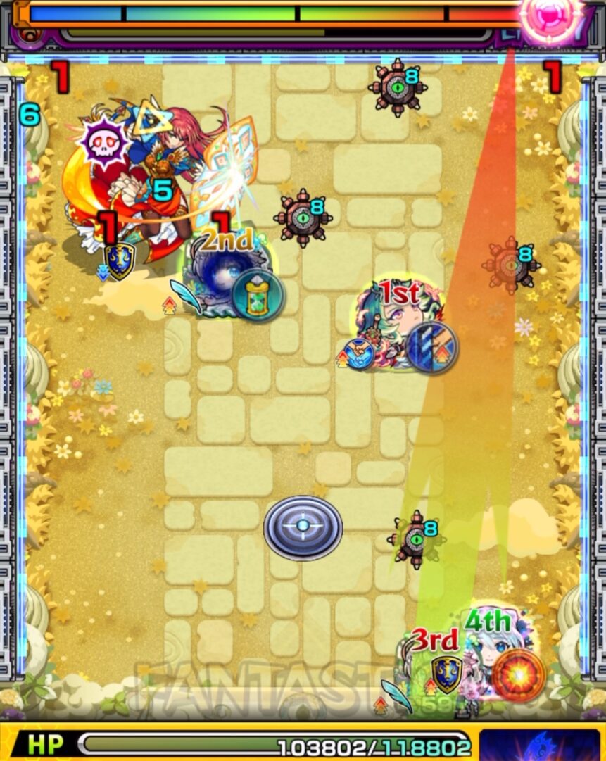 天魔の孤城 空中庭園 第10の園 ステージ1 3手目。三途αがネオの友情を発動させて中ボスに大ダメージを与えるが、三途α同士の接触で感染ウイルスを受ける場面。