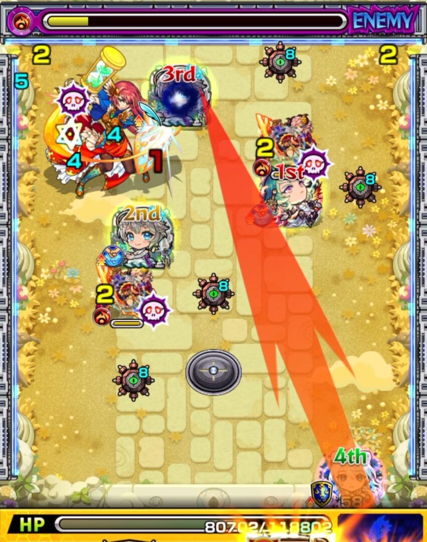 天魔の孤城 空中庭園 第10の園 ステージ1 4手目。三途αとアグナムートXの友情を発動させて中ボスを撃破し、状態異様回復ブラストで感染ウイルスが解除される場面。