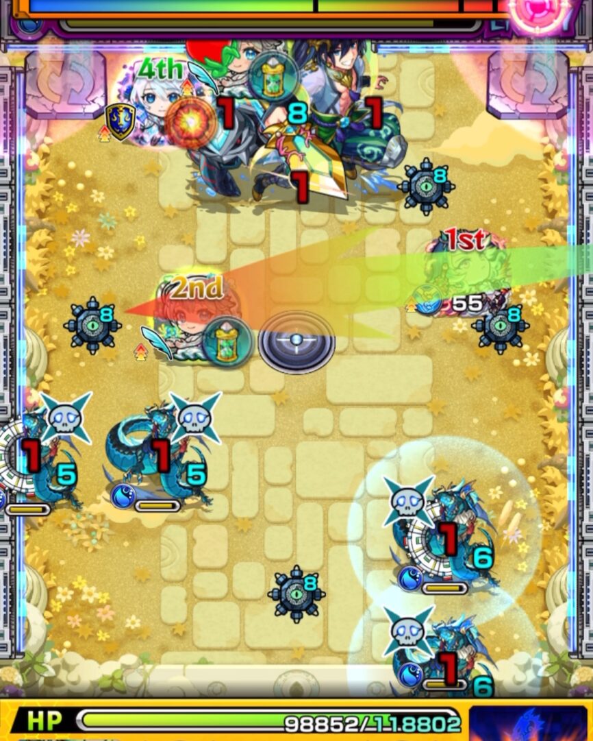 天魔の孤城 空中庭園 第10の園 ステージ2 1手目。三途αの友情でドラゴンを攻撃するが、削り切れずHPを全回復されてしまう場面。