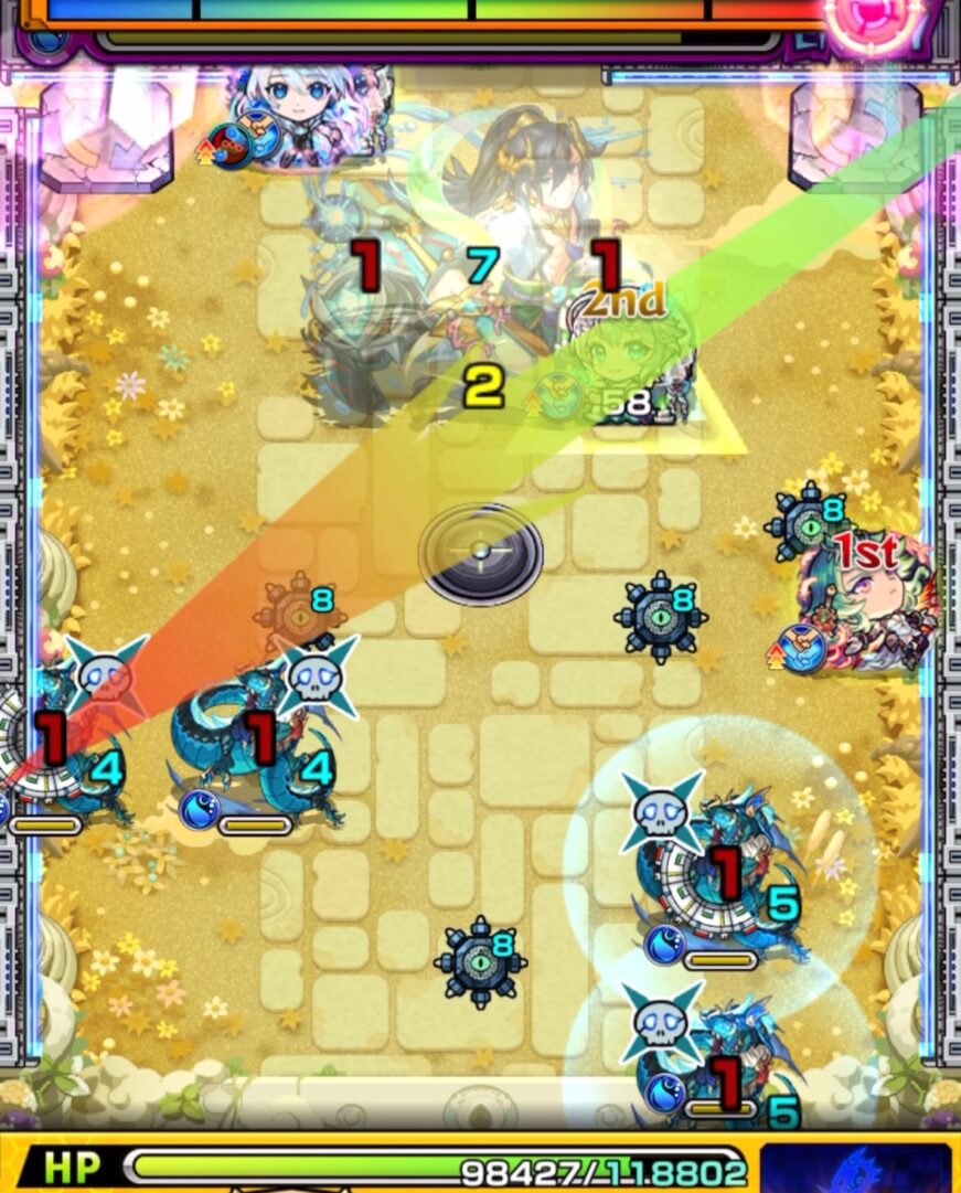 天魔の孤城 空中庭園 第10の園 ステージ2 2手目。三途αがディレクションガードを避けてドラゴンの間に挟まり、無印ドラゴンを同時処理する場面。