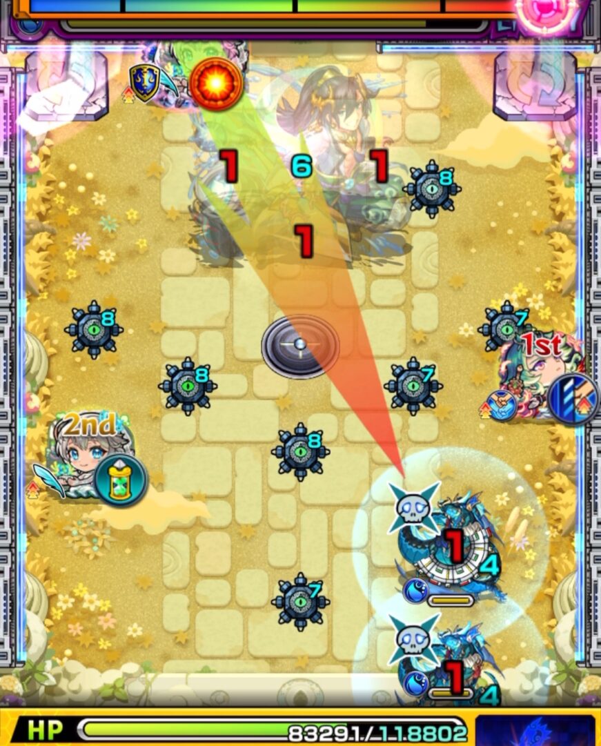 天魔の孤城 空中庭園 第10の園 ステージ2の3手目。三途αが直殴りと友情でドラゴンを削るが、わずかに残って全回復されてしまう場面。