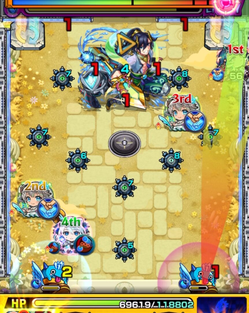 天魔の孤城 空中庭園 第10の園 ステージ2 5手目。はやリン経由で中ボスと壁に挟まるが、弱点移動と属性相性によりダメージが伸びなかった場面。