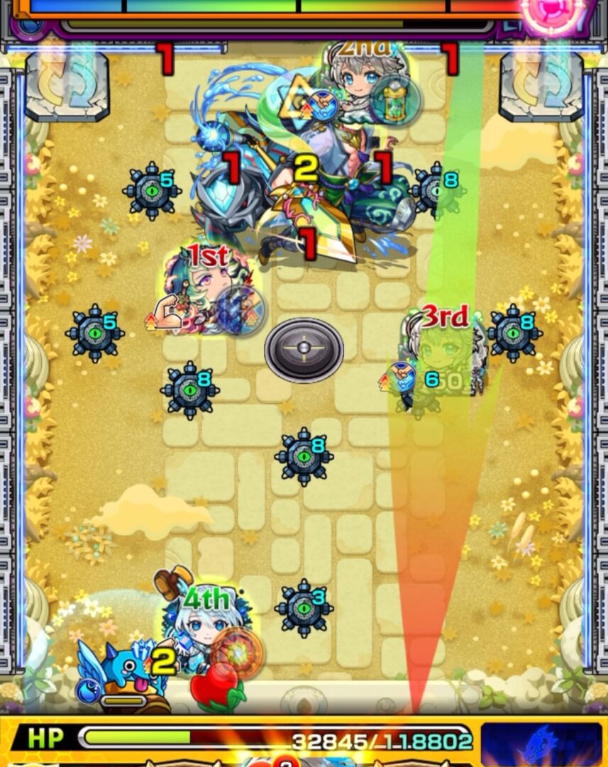 天魔の孤城 空中庭園 第10の園 ステージ2の7手目。ハート回収を行いながら、三途αがネオの友情を発動し、弱点を維持して中ボスにダメージを与える場面。