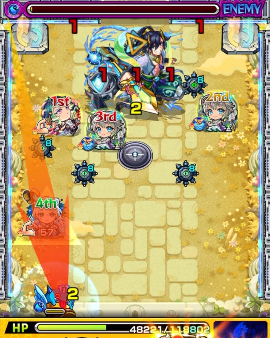 天魔の孤城 空中庭園 第10の園 ステージ2の8手目。三途αのコピー友情と直殴りで中ボスを撃破し、HP0のギリギリでステージを突破する場面。