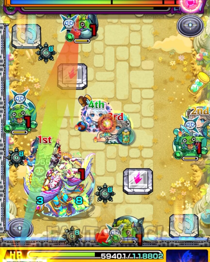 天魔の孤城 空中庭園 第10の園 ステージ3の1手目。かちリンを経由して撃種変化パネルで貫通化し、ぷよリン処理を狙い、かちリン2体とぷよリンを処理する場面。