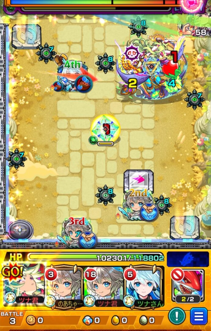 天魔の孤城 空中庭園 第10の園 ステージ3の5手目。ネオでバリアとクリスタルを処理し、アグナムートXのSSで中ボスを撃破して突破する場面。