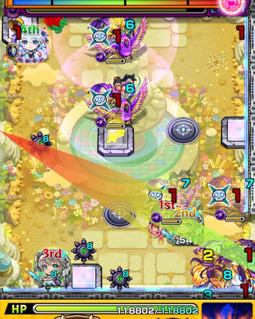 天魔の孤城 空中庭園 第10の園 ステージ4の1手目。LBカーマの挟まりに失敗するも、友情と直殴りで無印カーマを同時処理する場面。